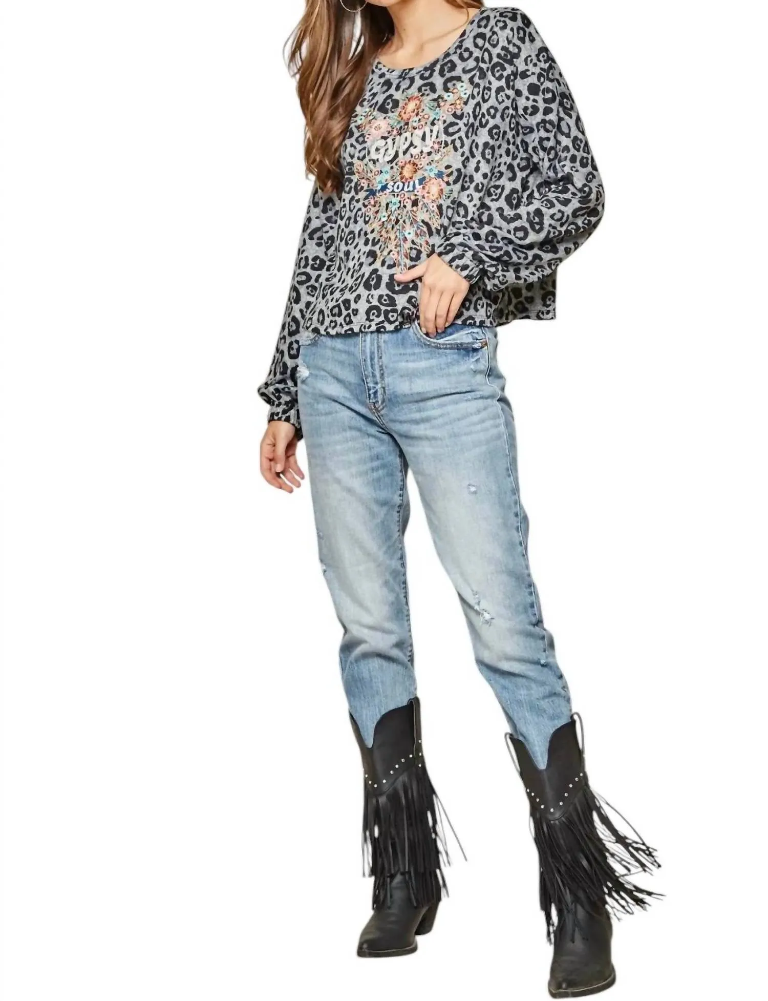Andree By Unit - Gypsy Soul Embroidered Leopard Top