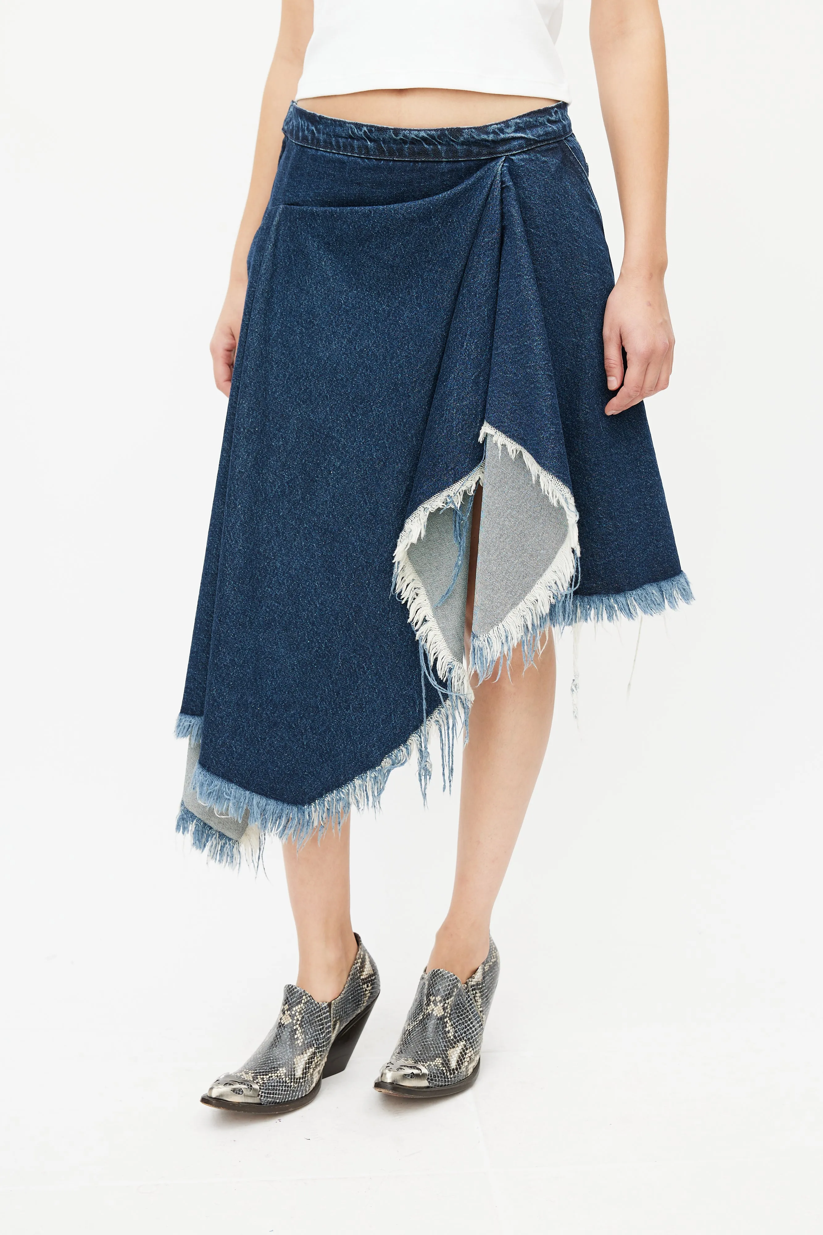 Blue Denim Gathered Asymmetrical Skirt