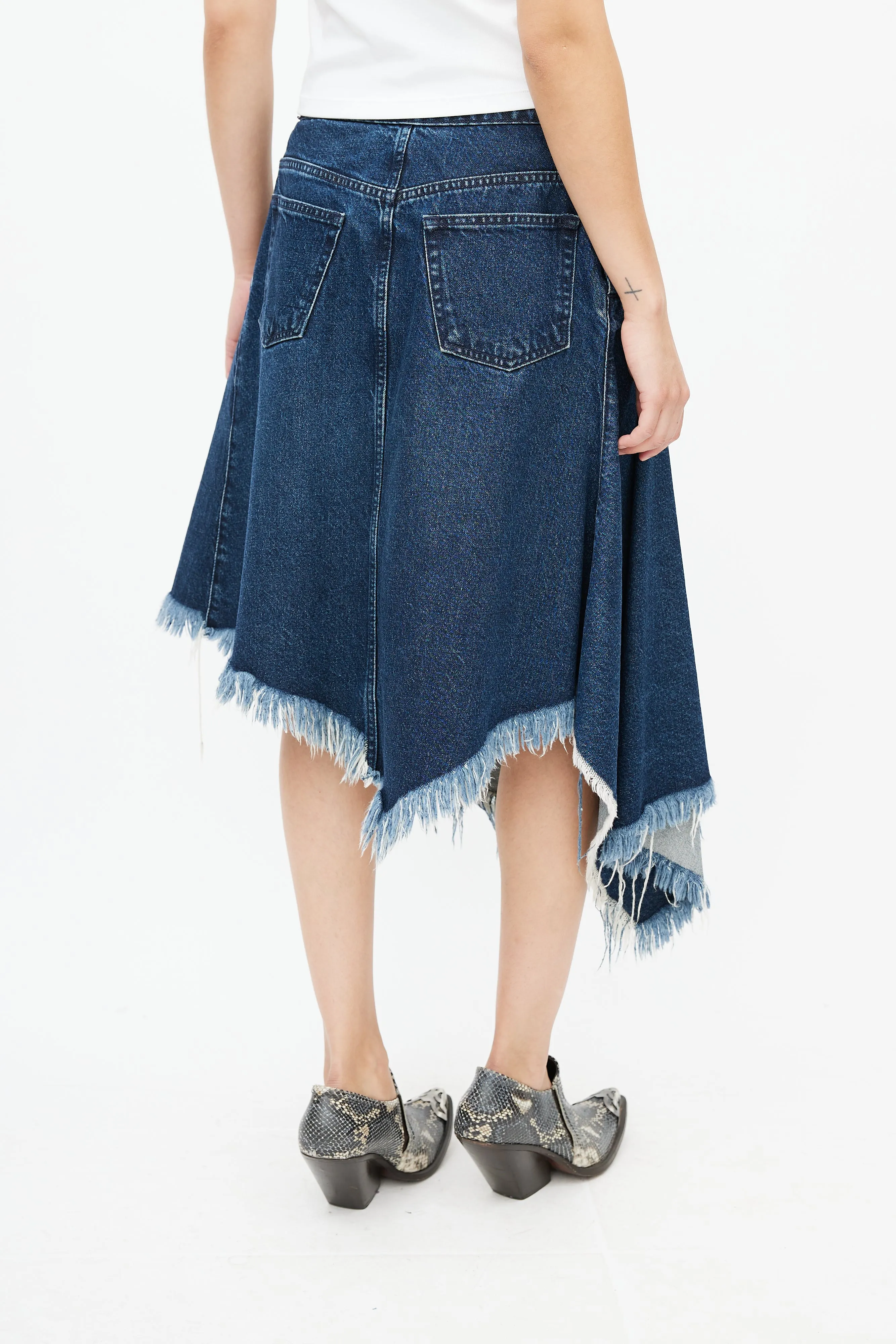 Blue Denim Gathered Asymmetrical Skirt