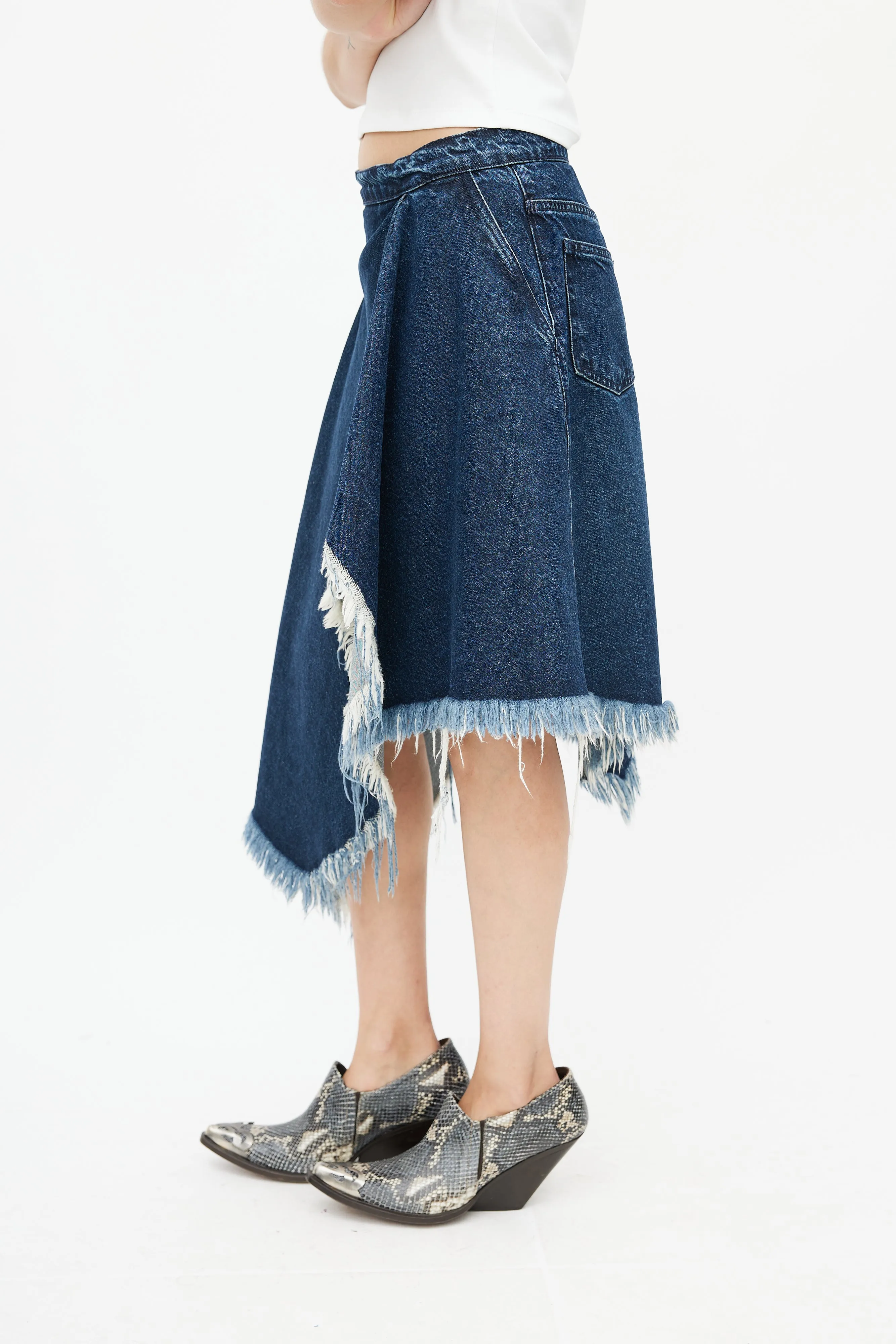 Blue Denim Gathered Asymmetrical Skirt