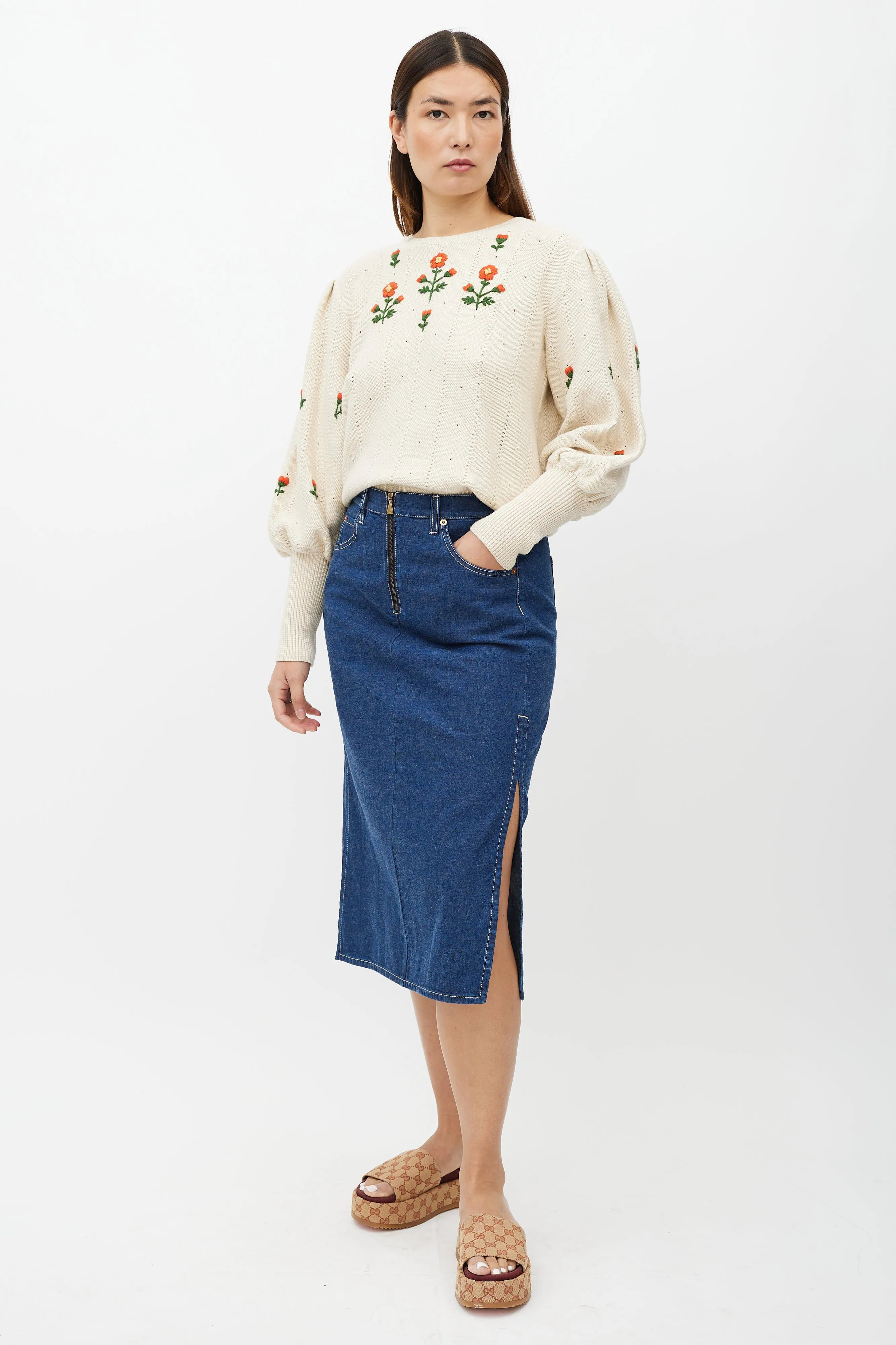 Blue Denim Midi Skirt