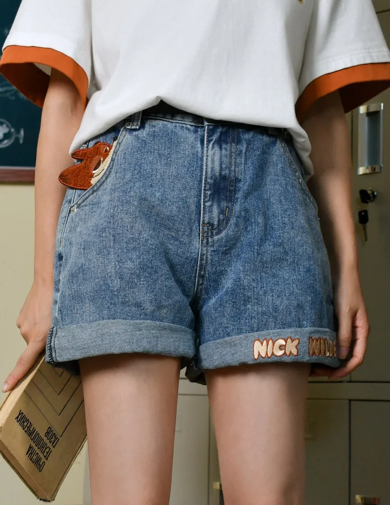 Cute All-Match Cartoon Fox Embroidered Denim Shorts