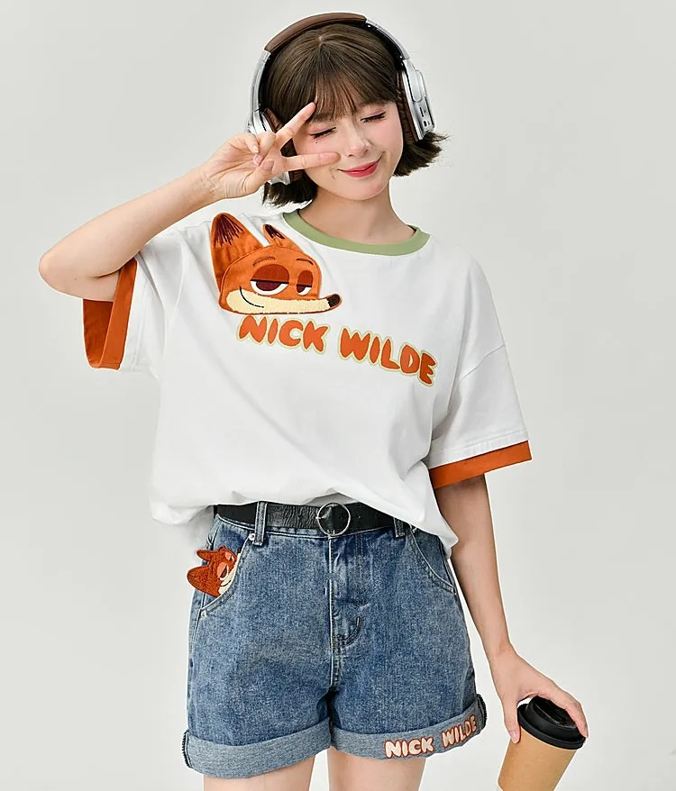 Cute All-Match Cartoon Fox Embroidered Denim Shorts