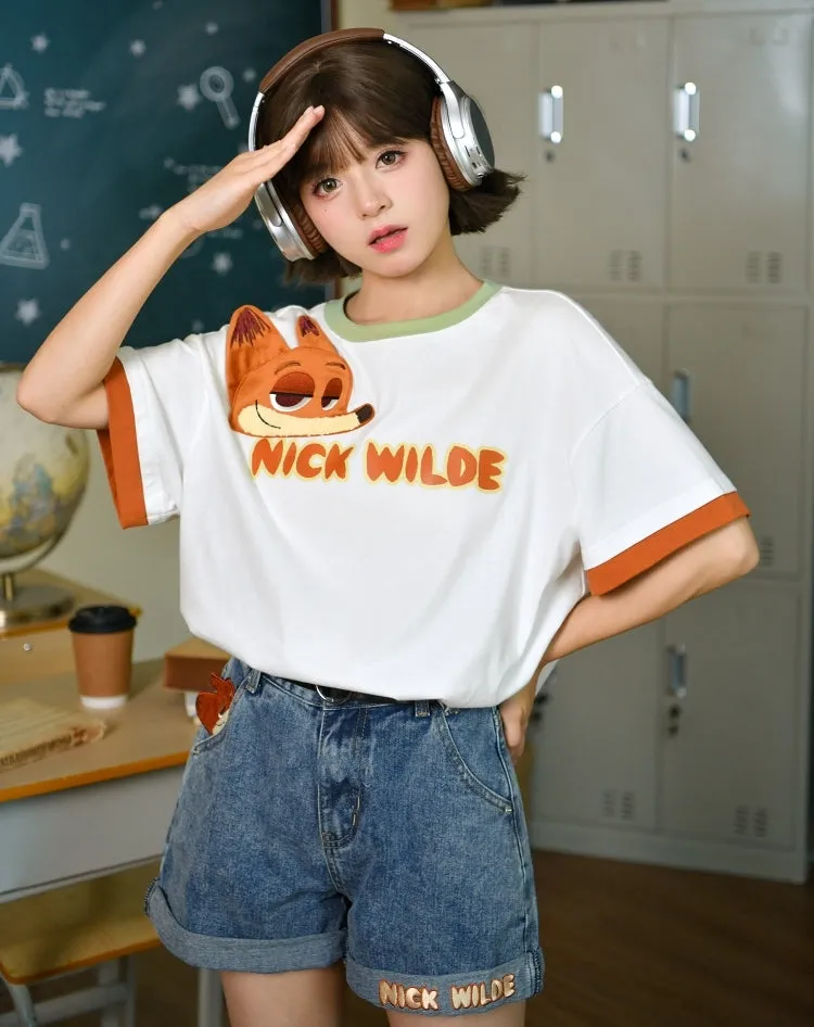 Cute All-Match Cartoon Fox Embroidered Denim Shorts
