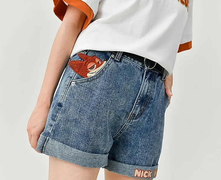 Cute All-Match Cartoon Fox Embroidered Denim Shorts
