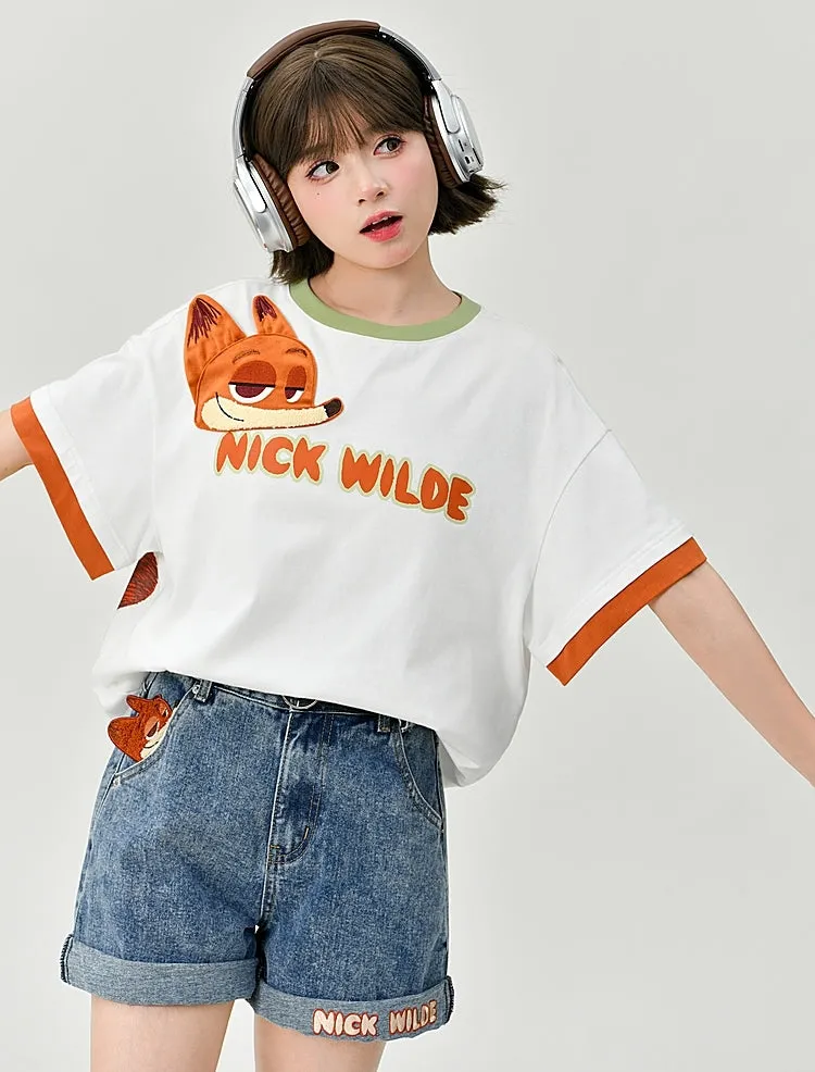Cute All-Match Cartoon Fox Embroidered Denim Shorts