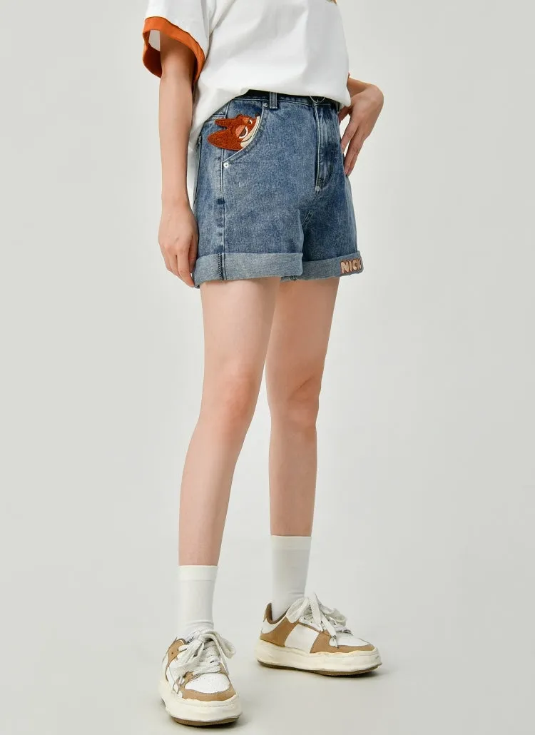 Cute All-Match Cartoon Fox Embroidered Denim Shorts