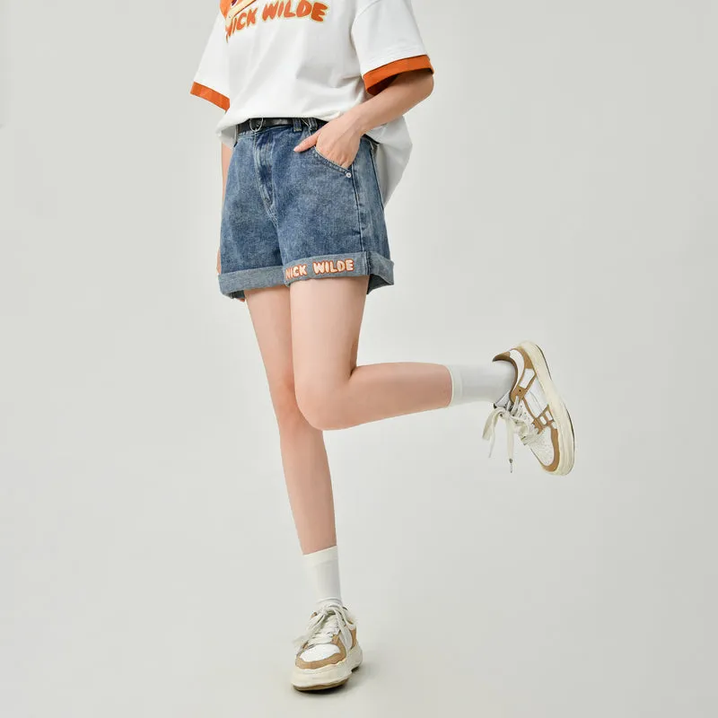 Cute All-Match Cartoon Fox Embroidered Denim Shorts