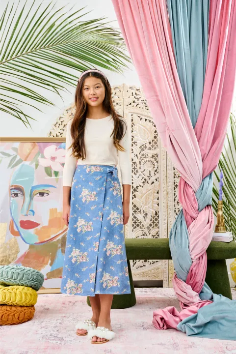 DENIM W/ FLORAL PRINT WRAP SKIRT T-1069