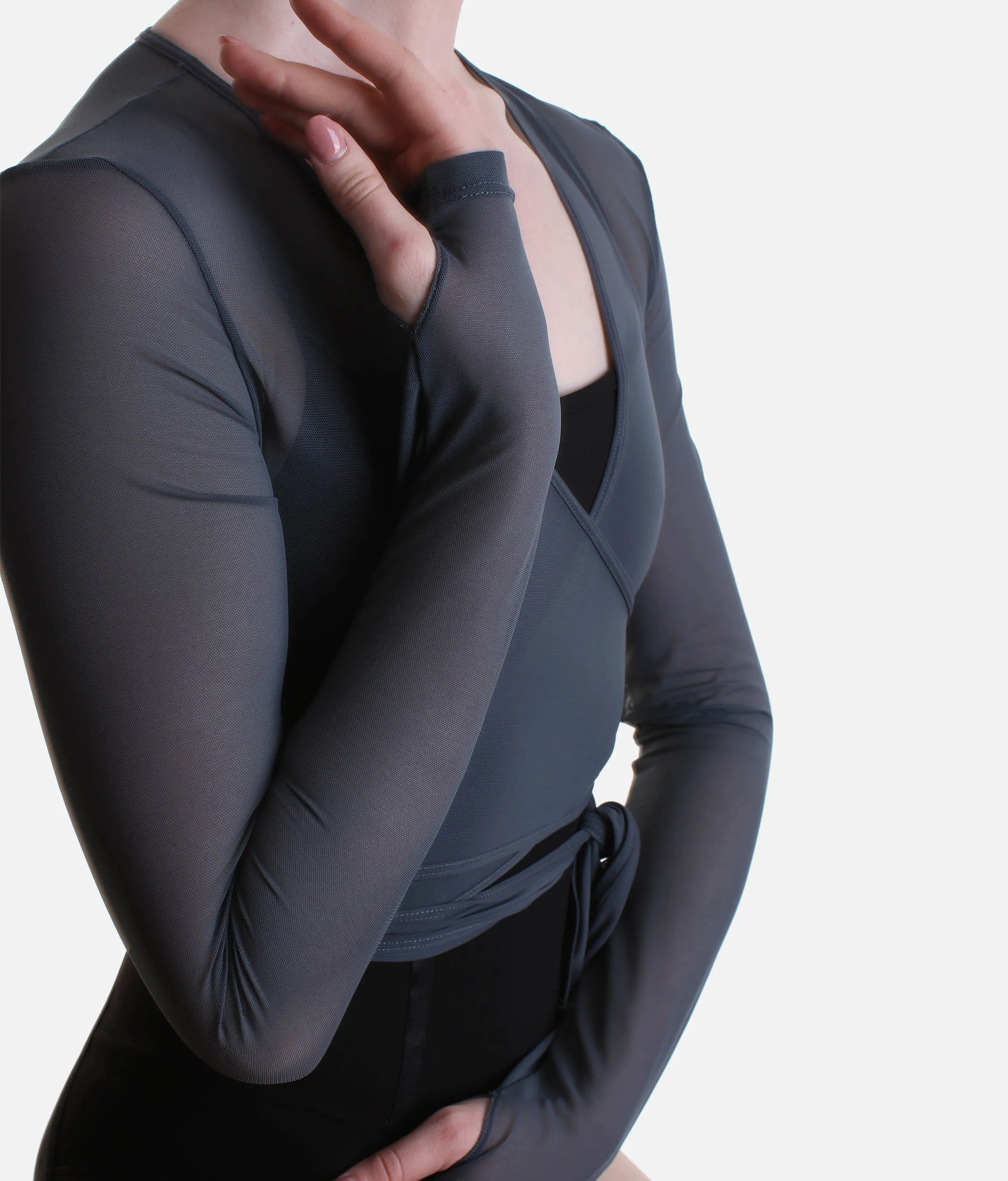 Mesh Wrap Top, Cropped Dance Top with Thumb Holes - Z8459
